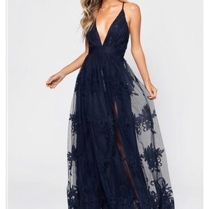 Tobi Navy lace plunging long dress